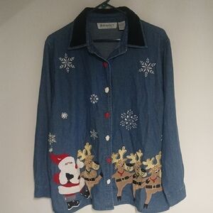 Dressbarn Blue Denim Holiday Shirt with Santa and Reindeer